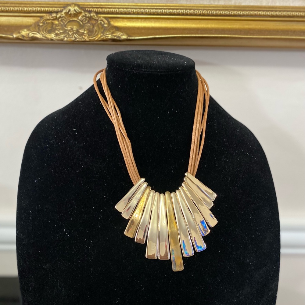 ST Thomas Gold Statement Pendant Necklace with Tan Cord